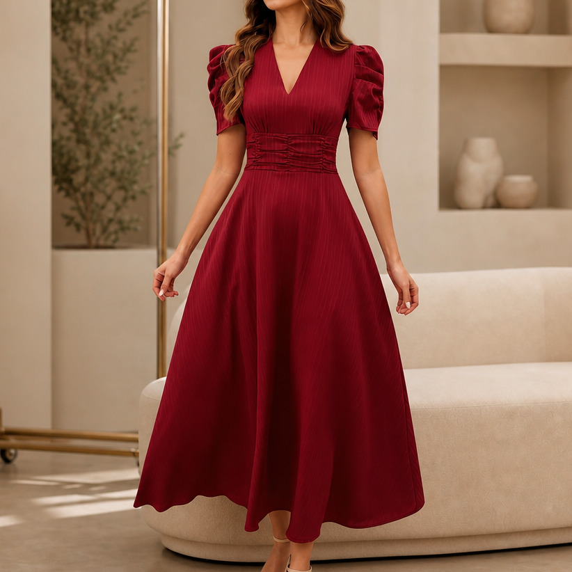 Wearbella – Ruched Waist Puff Sleeve V-Neck Midi Dress