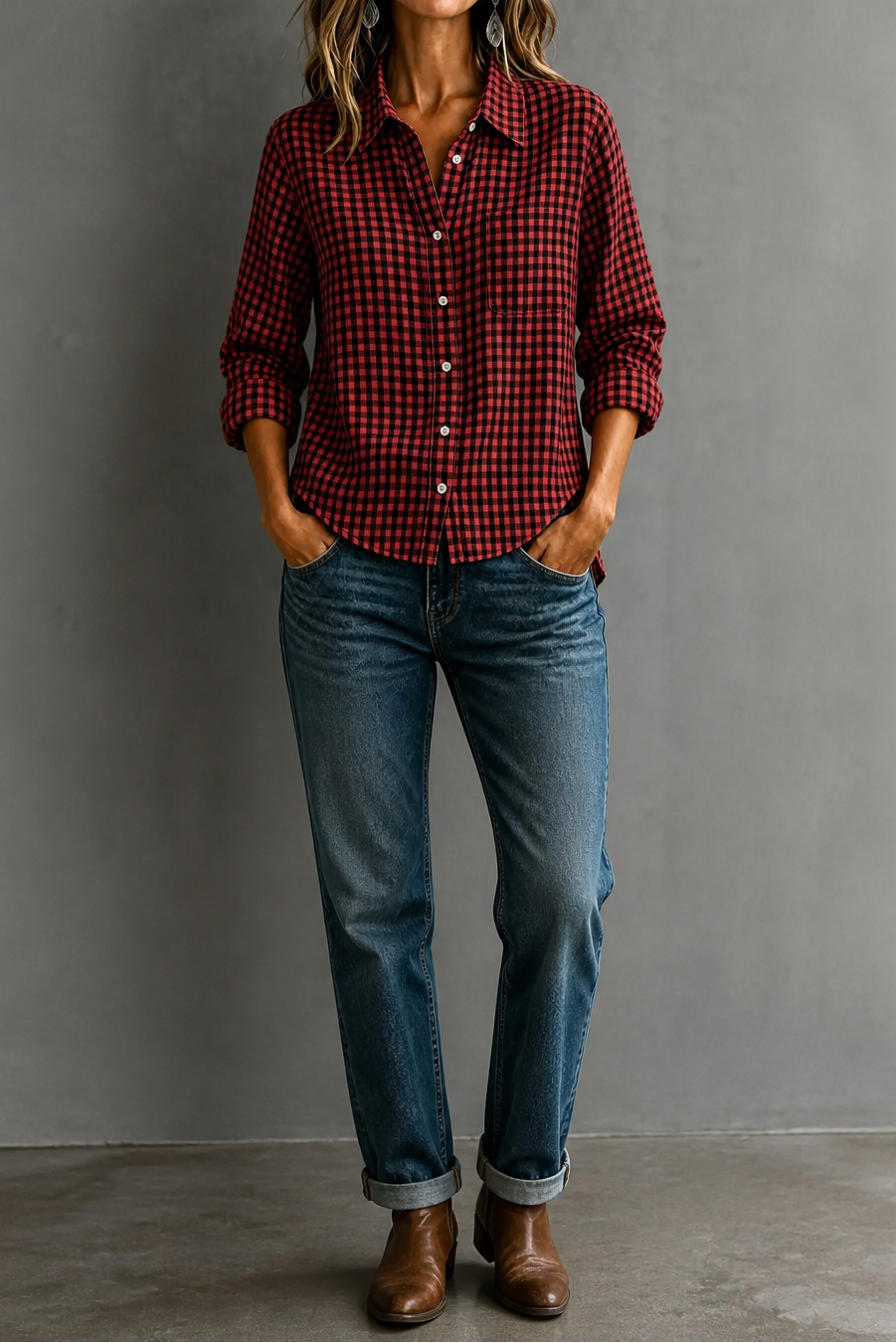 Checkered Long-Sleeve Button-Up Shirt For Women