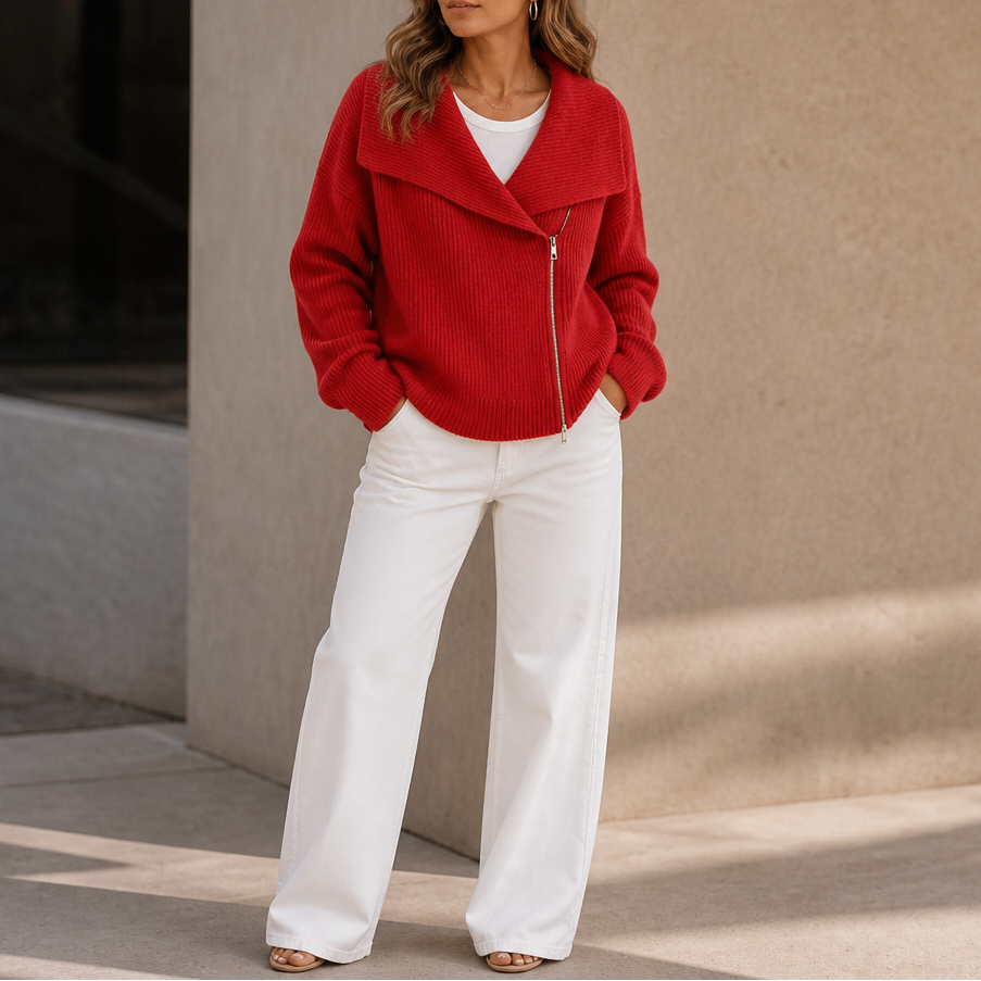 Wearbella – Diagonal Zip Oversized Collar Ribbed Knit Jacket