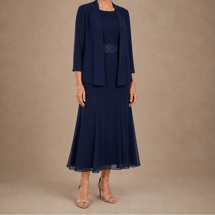 Elowen – Sleeveless Beaded-Waist Chiffon Dress With Jacket