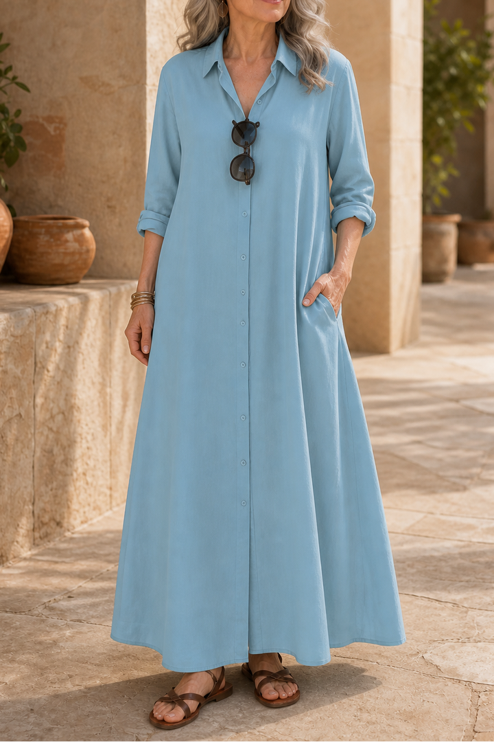 Wearbella – Oversized Cotton-Linen Maxi Shirt Dress