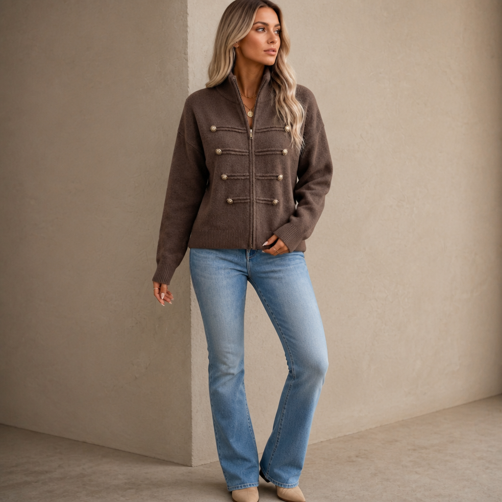 Mayfield – Gold Button Military-Style Knit Cardigan