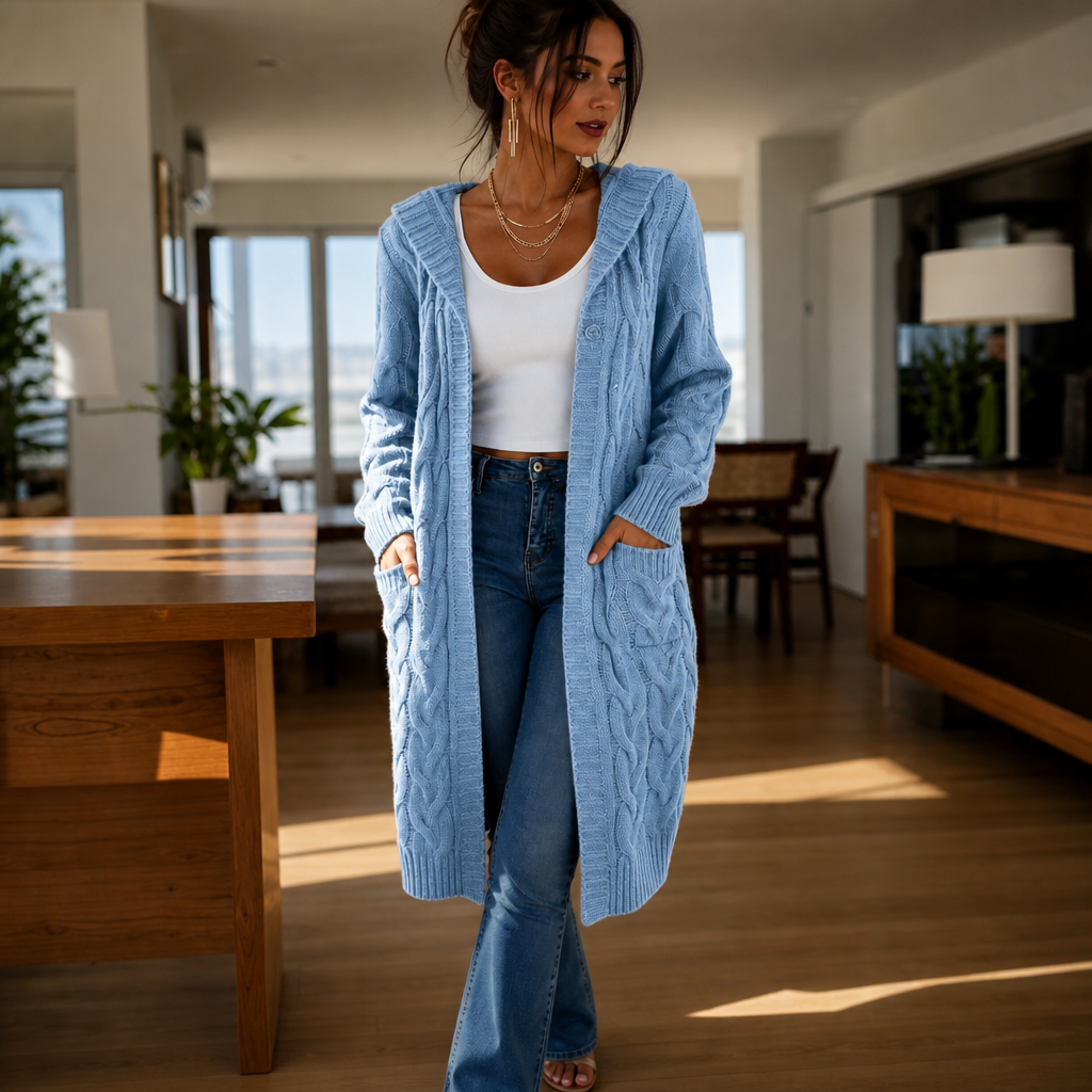 Wrapetta – Hooded Longline Cable-Knit Cardigan