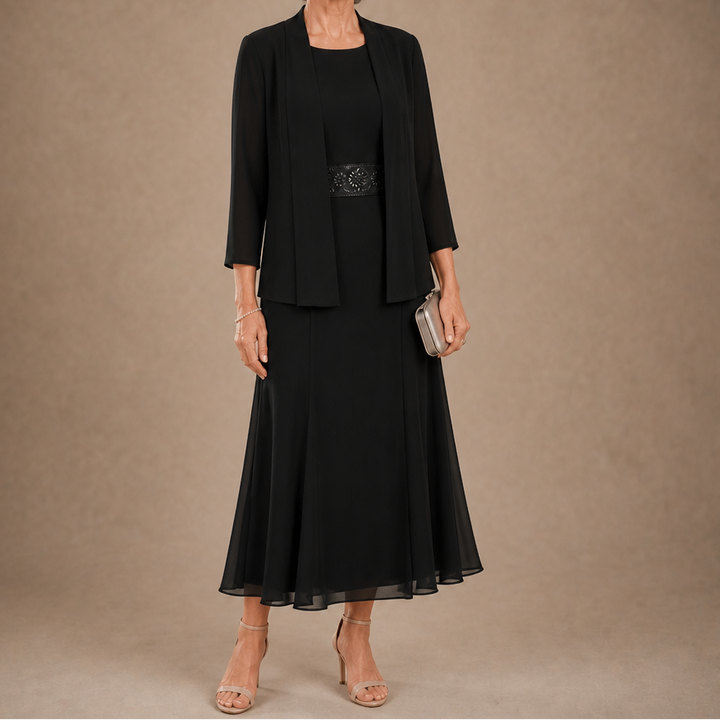 Elowen – Sleeveless Beaded-Waist Chiffon Dress With Jacket