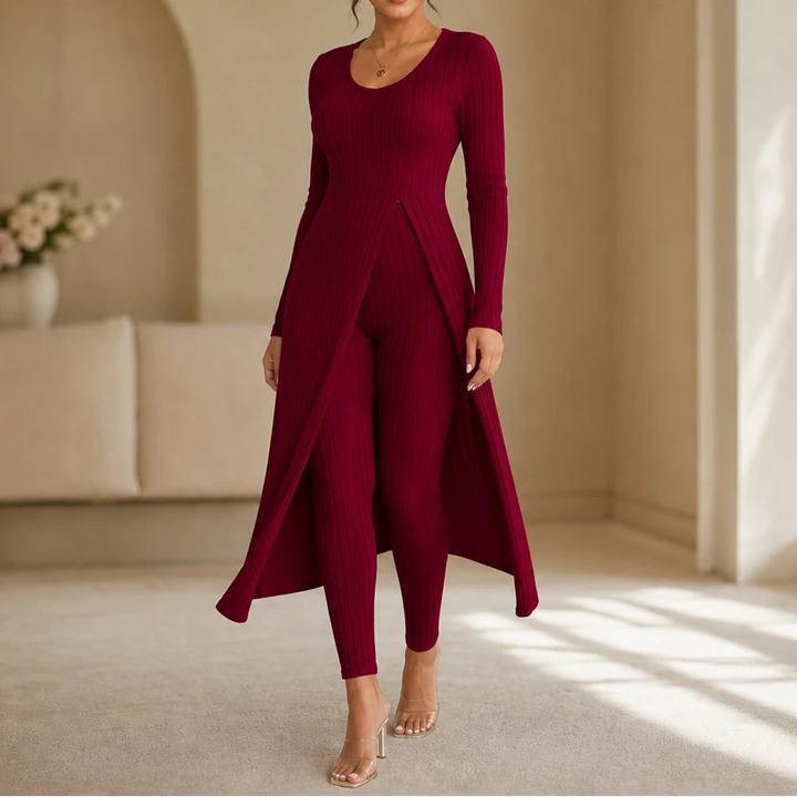 Ribella – Ribbed Side-Slit Tunic And Slim-Fit Pants Set