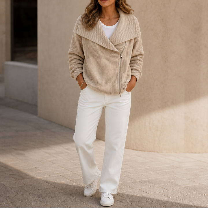 Wearbella – Diagonal Zip Oversized Collar Ribbed Knit Jacket