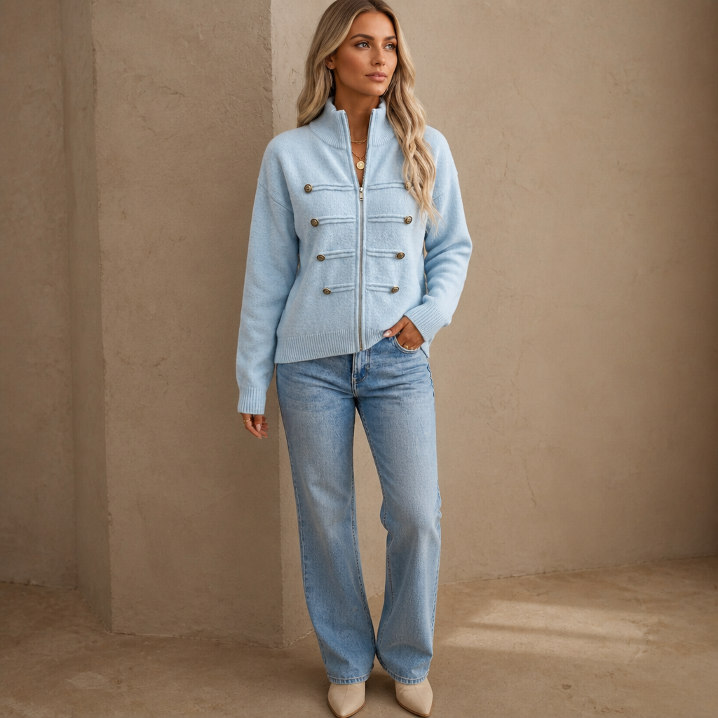Mayfield – Gold Button Military-Style Knit Cardigan