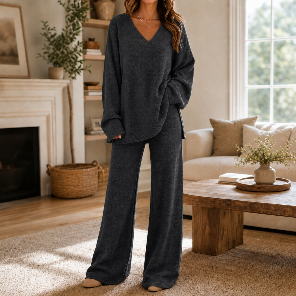 Vellora – V-Neck Knit Sweater And Wide-Leg Trouser Set