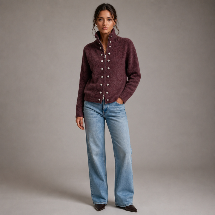Wearvale – Two-Way Zip High-Neck Knit Cardigan