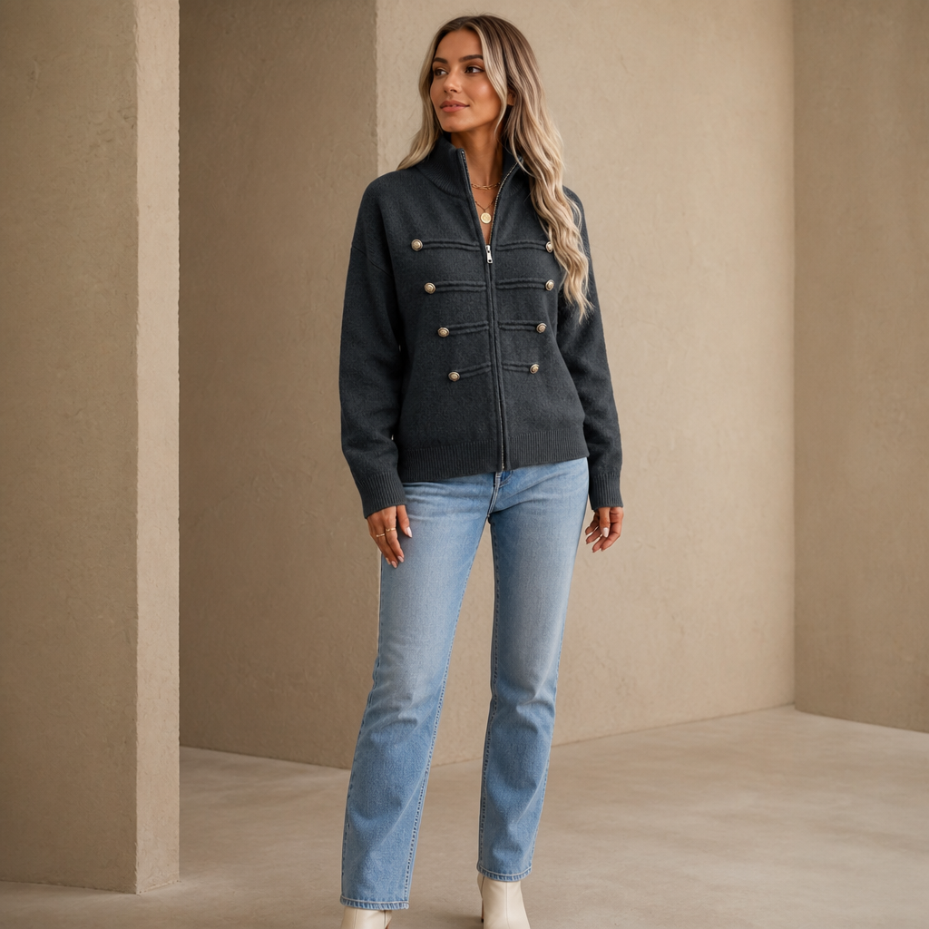 Mayfield – Gold Button Military-Style Knit Cardigan