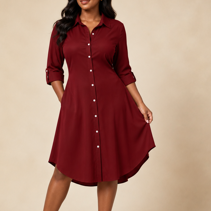 Drapeelle – Satin Button-Front Shirt Dress