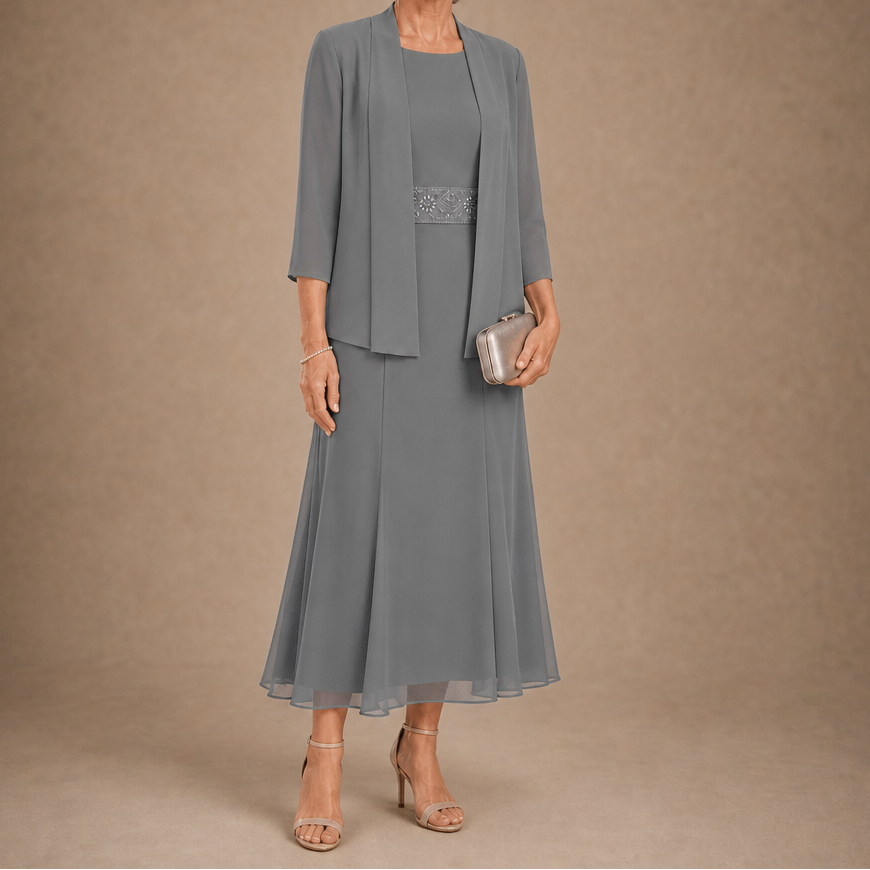 Elowen – Sleeveless Beaded-Waist Chiffon Dress With Jacket