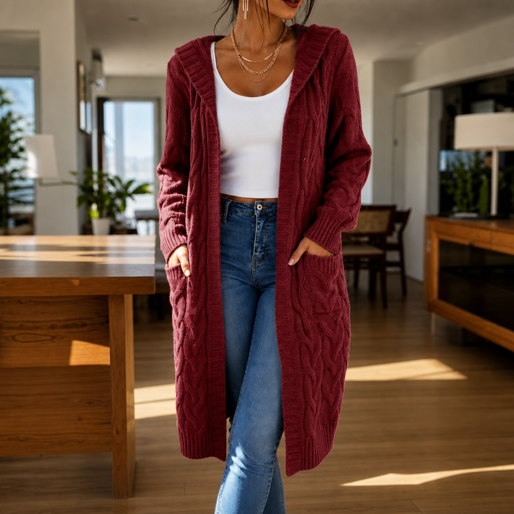 Wrapetta – Hooded Longline Cable-Knit Cardigan