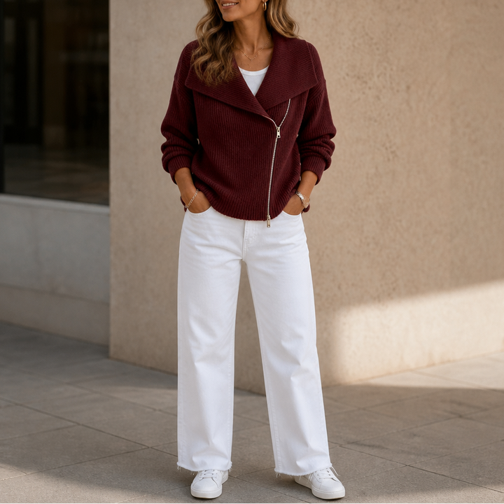 Wearbella – Diagonal Zip Oversized Collar Ribbed Knit Jacket