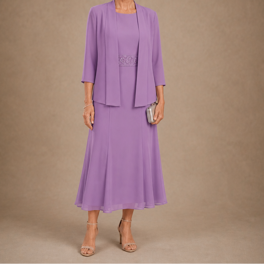 Elowen – Sleeveless Beaded-Waist Chiffon Dress With Jacket