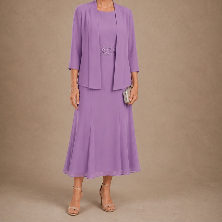 Elowen – Sleeveless Beaded-Waist Chiffon Dress With Jacket