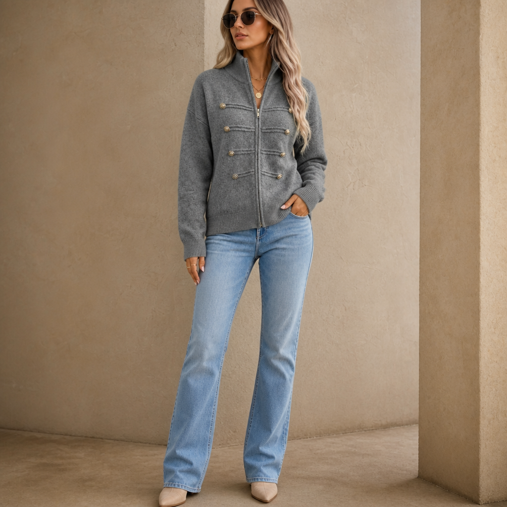 Mayfield – Gold Button Military-Style Knit Cardigan