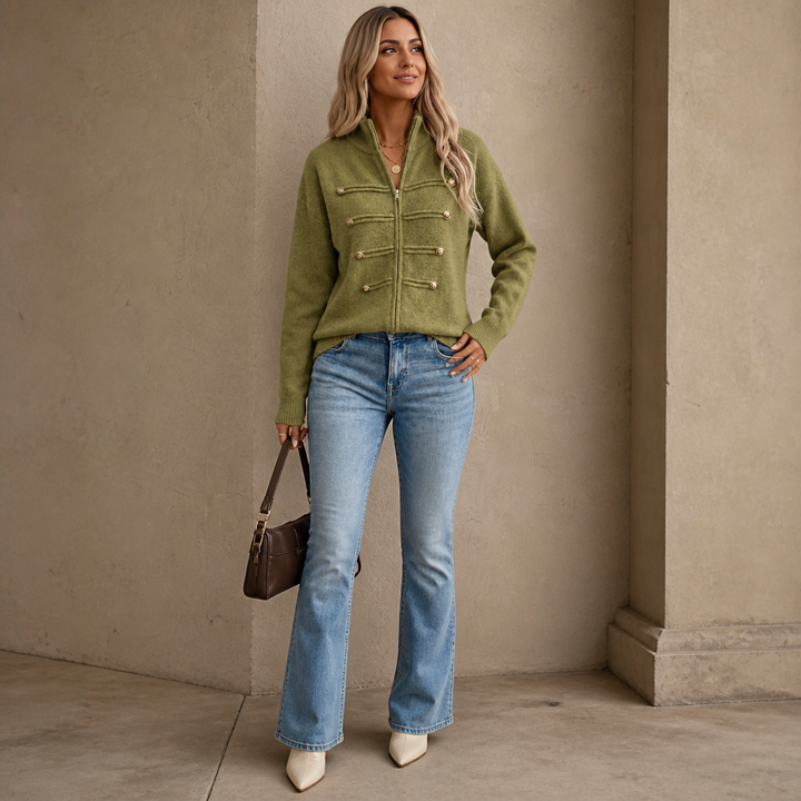 Mayfield – Gold Button Military-Style Knit Cardigan