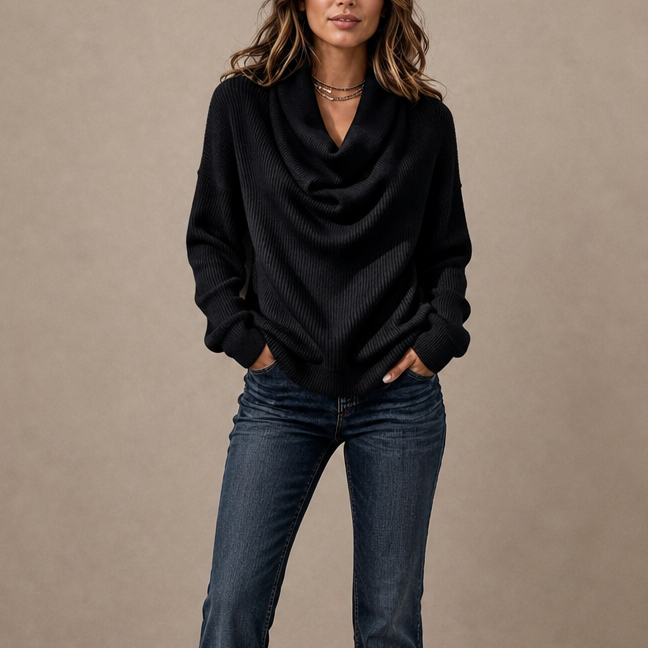 Ribella – Ribbed Draped Cowl-Neck Knit Top