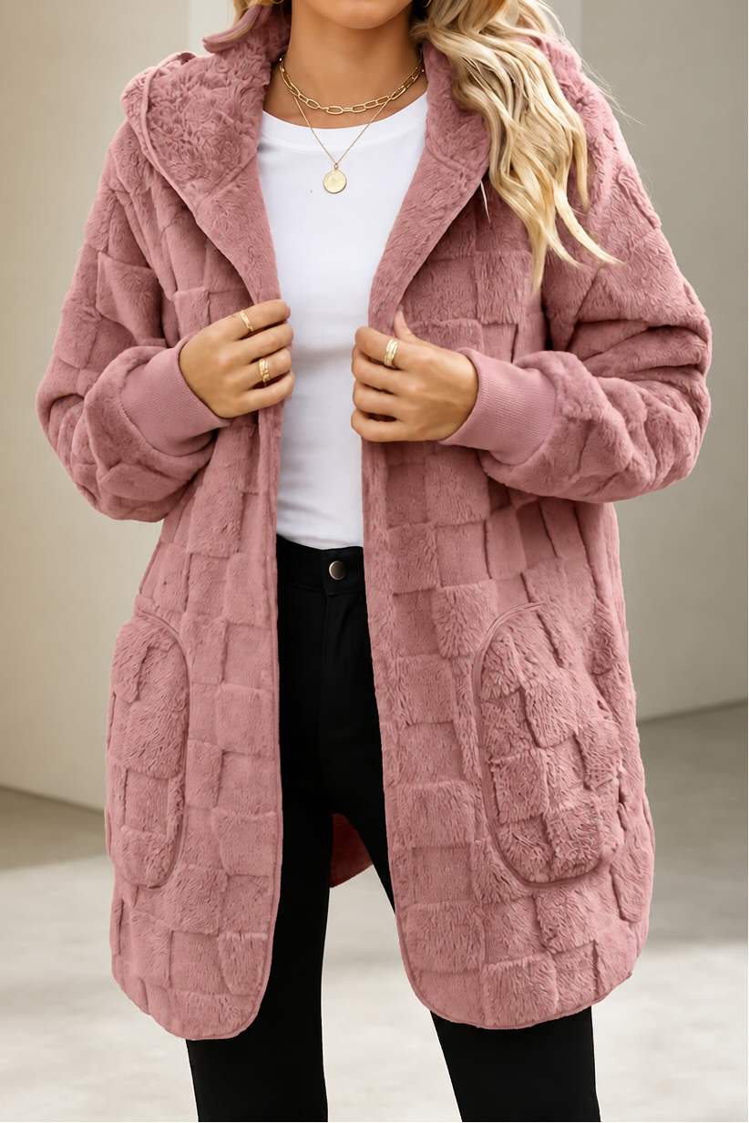 Plushden – Checkered Fuzzy Open-Front Cardigan