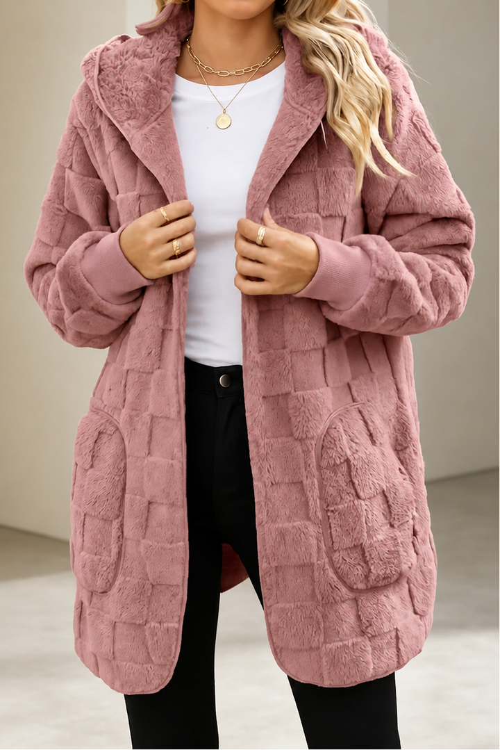 Plushden – Checkered Fuzzy Open-Front Cardigan