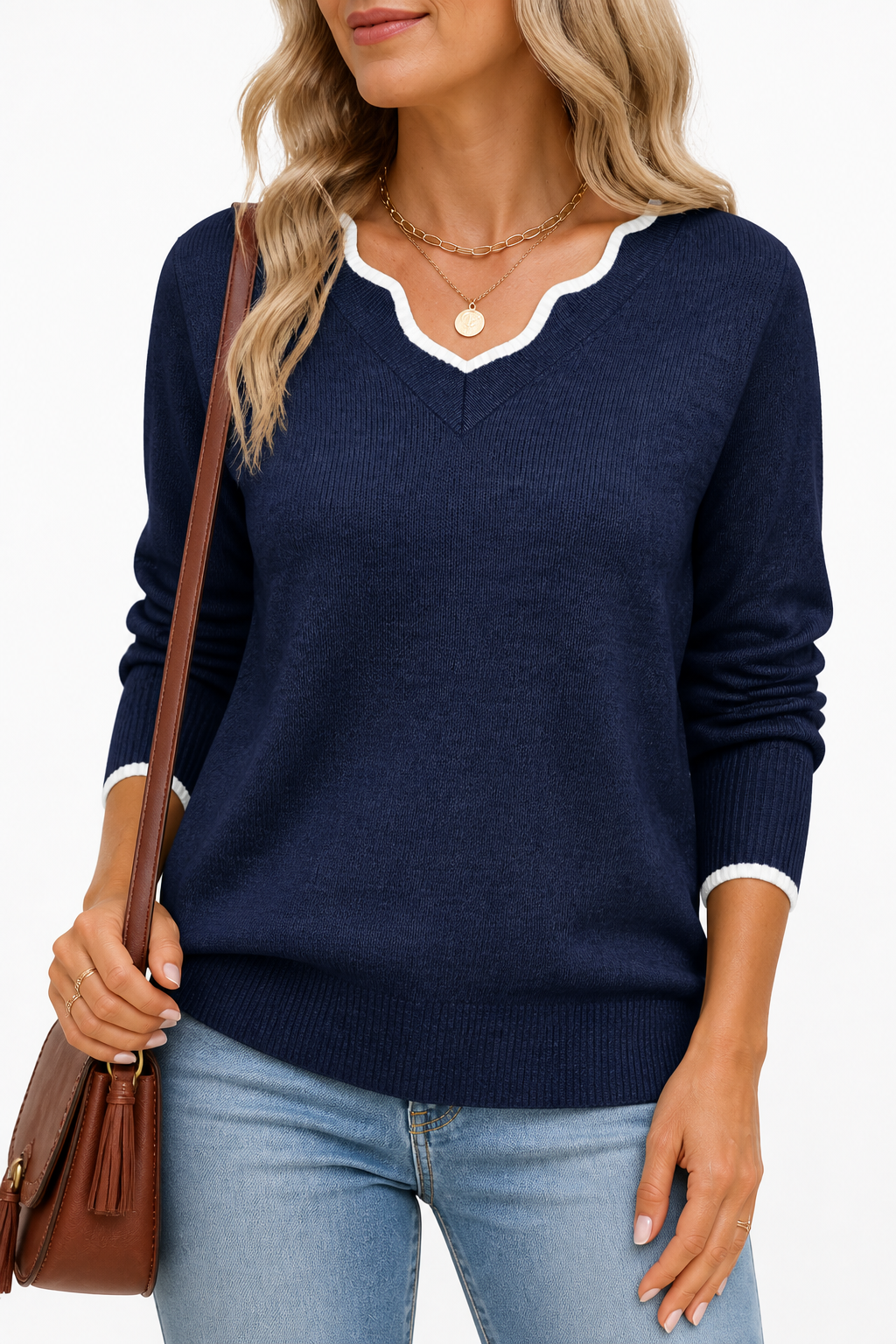 Wearbella – Wavy-Trim V-Neck Knit Top