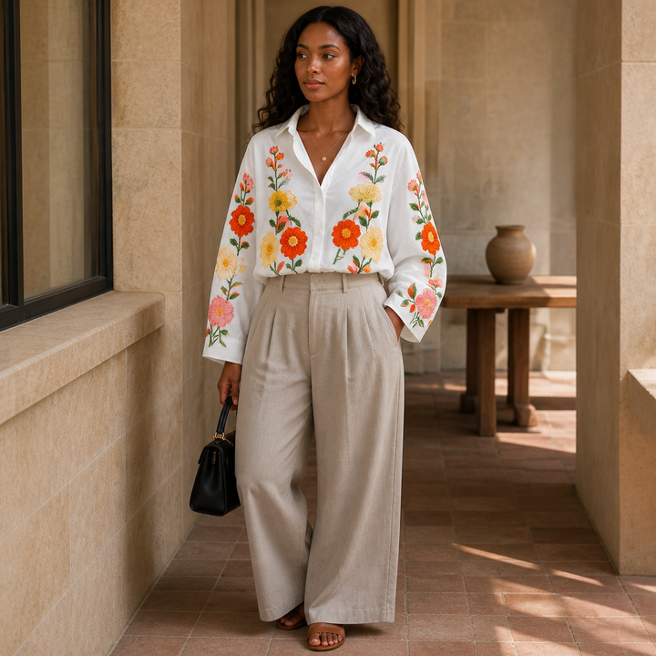 Lunabloom – Floral Embroidered Lapel-Collar Blouse