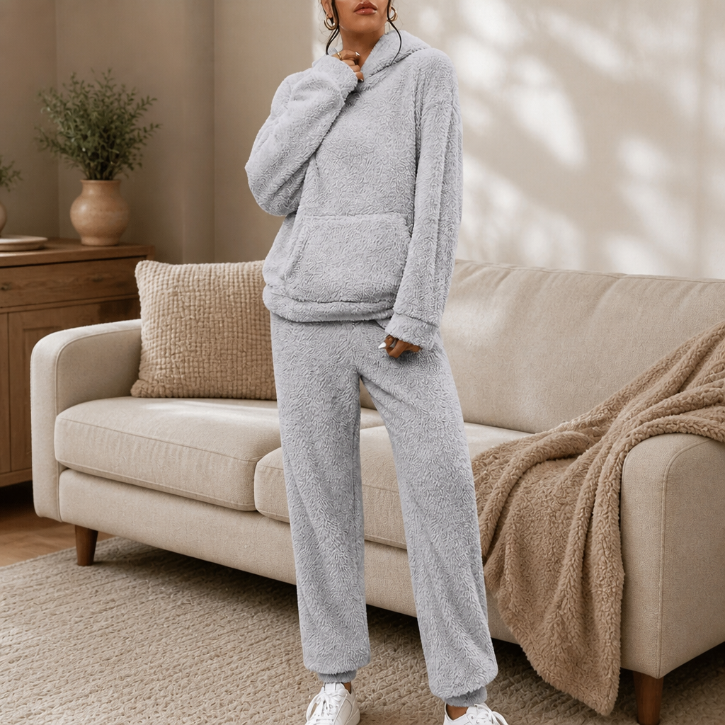 Cozy Haven – Plush Fleece Hooded Top And Jogger Pants Set