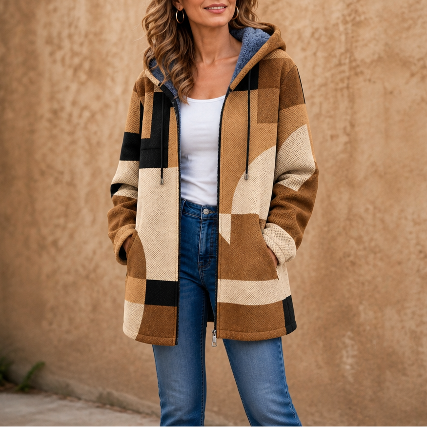Patchwork & Poise – Geometric Color-Block Hooded Jacket