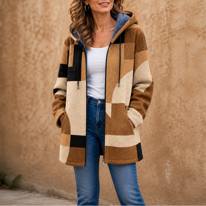 Patchwork & Poise – Geometric Color-Block Hooded Jacket