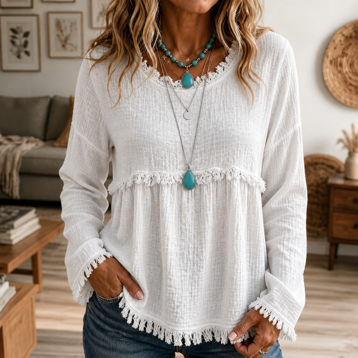Wearbella – Fringe Trim V-Neck Long Sleeve Top