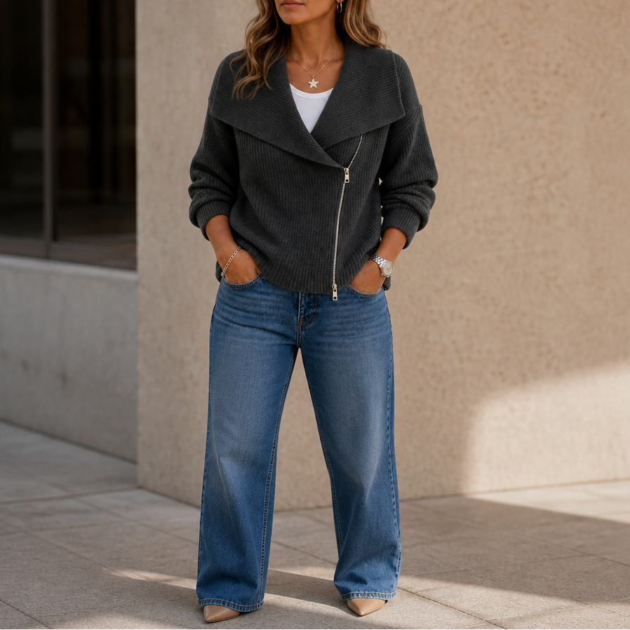 Wearbella – Diagonal Zip Oversized Collar Ribbed Knit Jacket