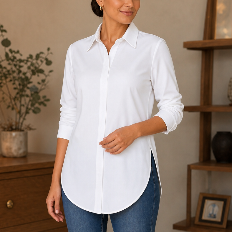 Elara Curve – Curved-Hem Stretch Button-Front Shirt