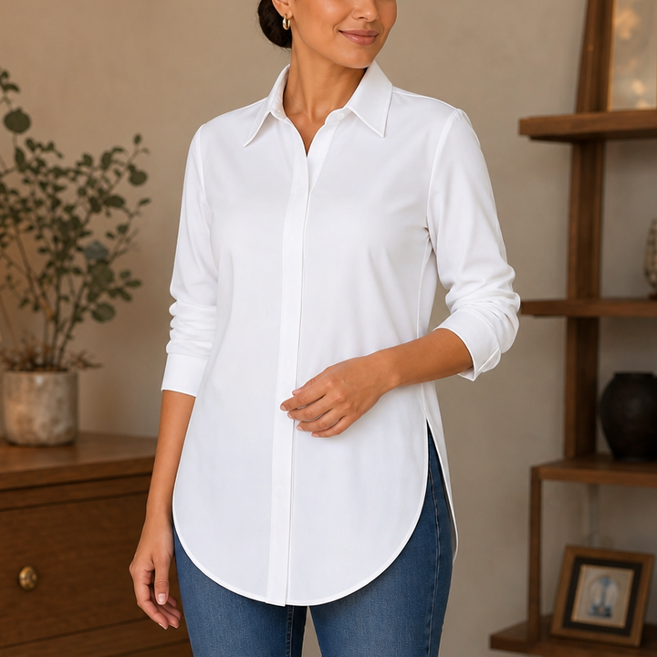 Elara Curve – Curved-Hem Stretch Button-Front Shirt
