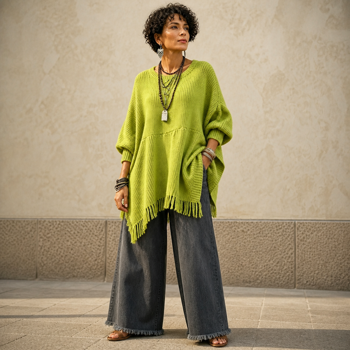 Limehaven – Textured Fringe Batwing Knit Poncho