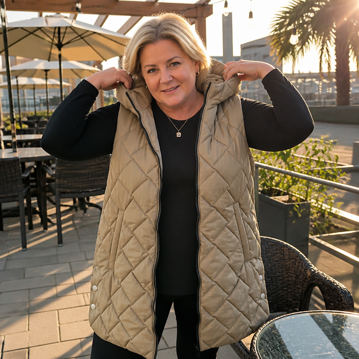 Quilted Ease – Square-Quilted Longline Hooded Vest