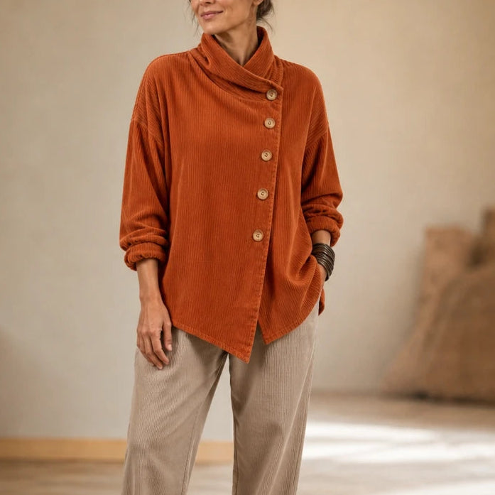 Everlayer – Draped Neck Asymmetrical Button-Front Top