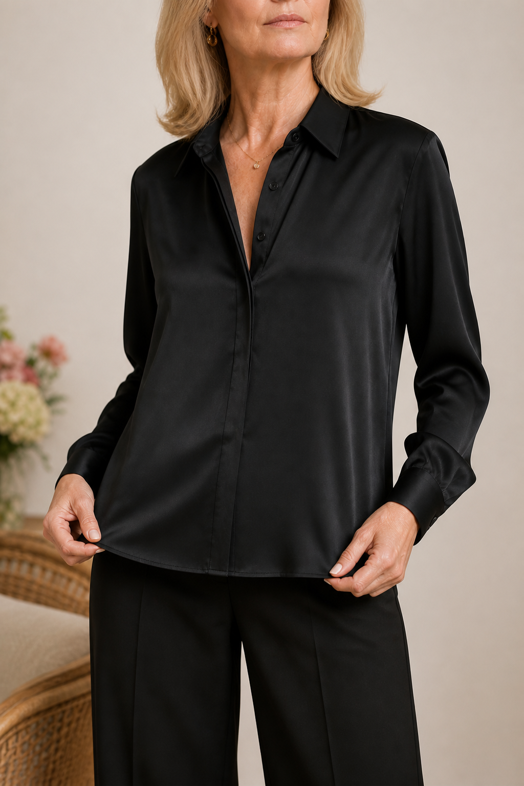 Placket & Poise – Concealed Placket Satin Long Sleeve Blouse