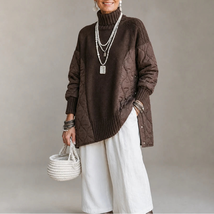 Quilted Haven – Quilted Panel Turtleneck Pullover