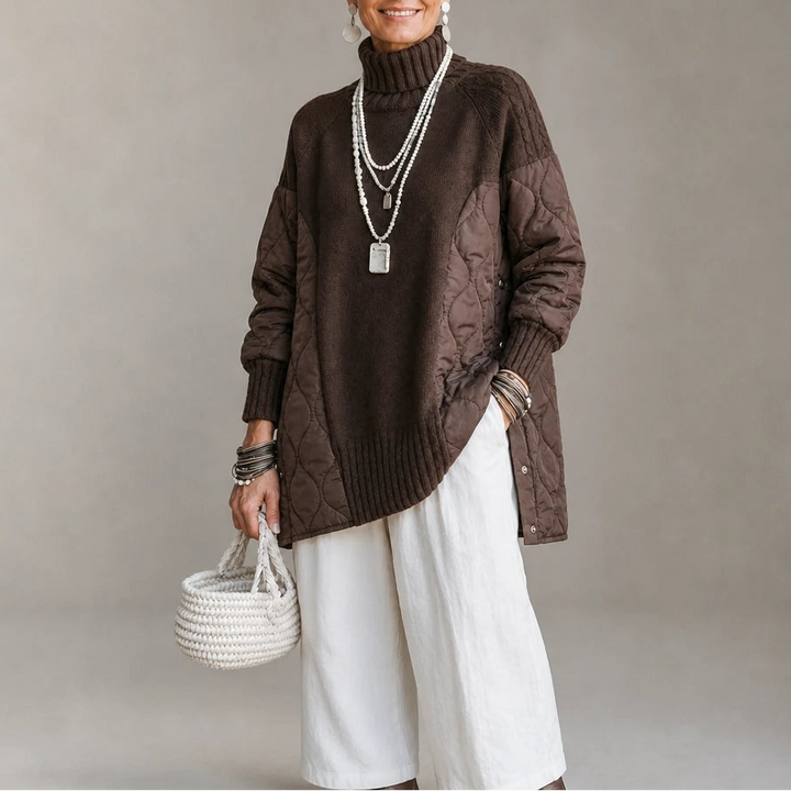Quilted Haven – Quilted Panel Turtleneck Pullover