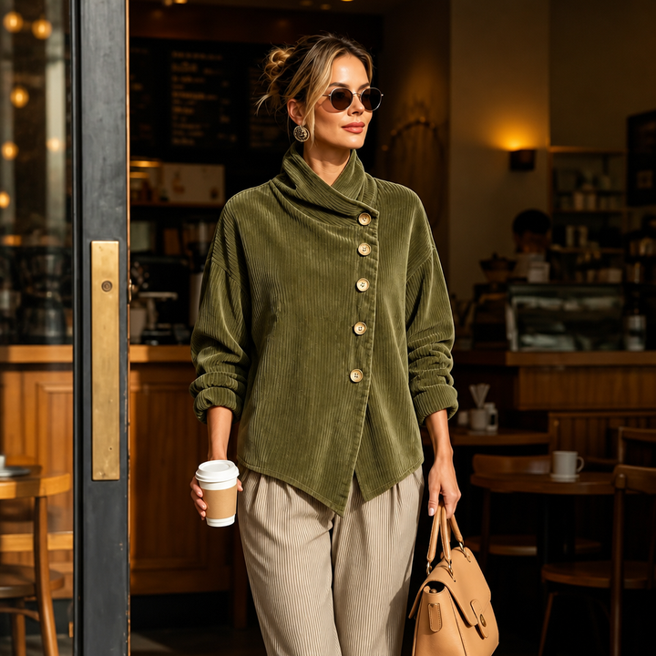 Foldover – Asymmetric Placket Funnel Neck Corduroy Top