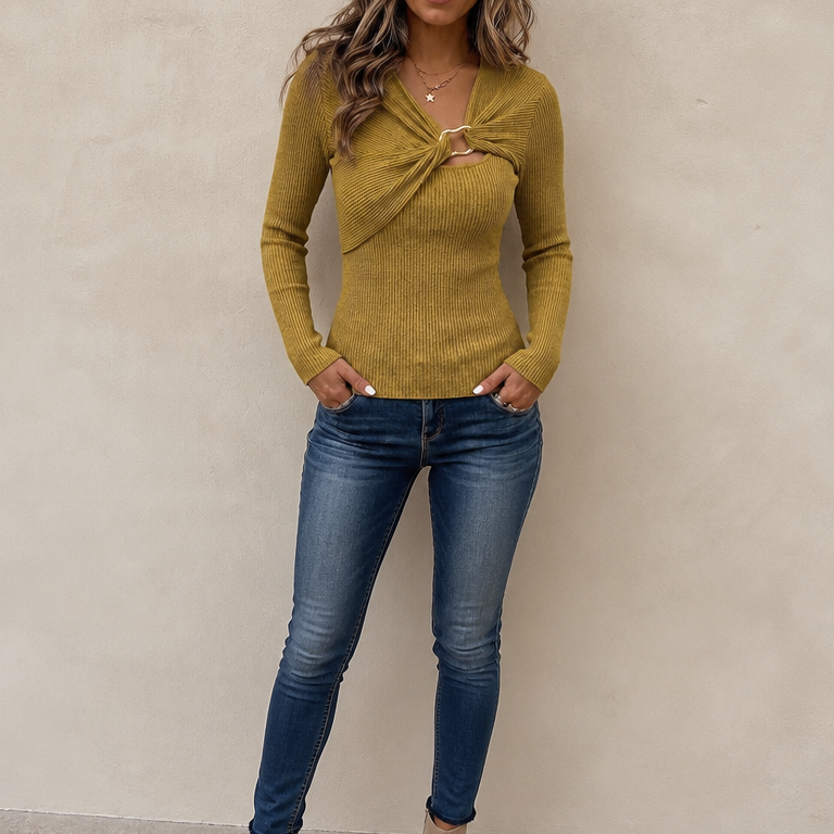 Twistara – Ring-Twist Cutout Ribbed Knit Top
