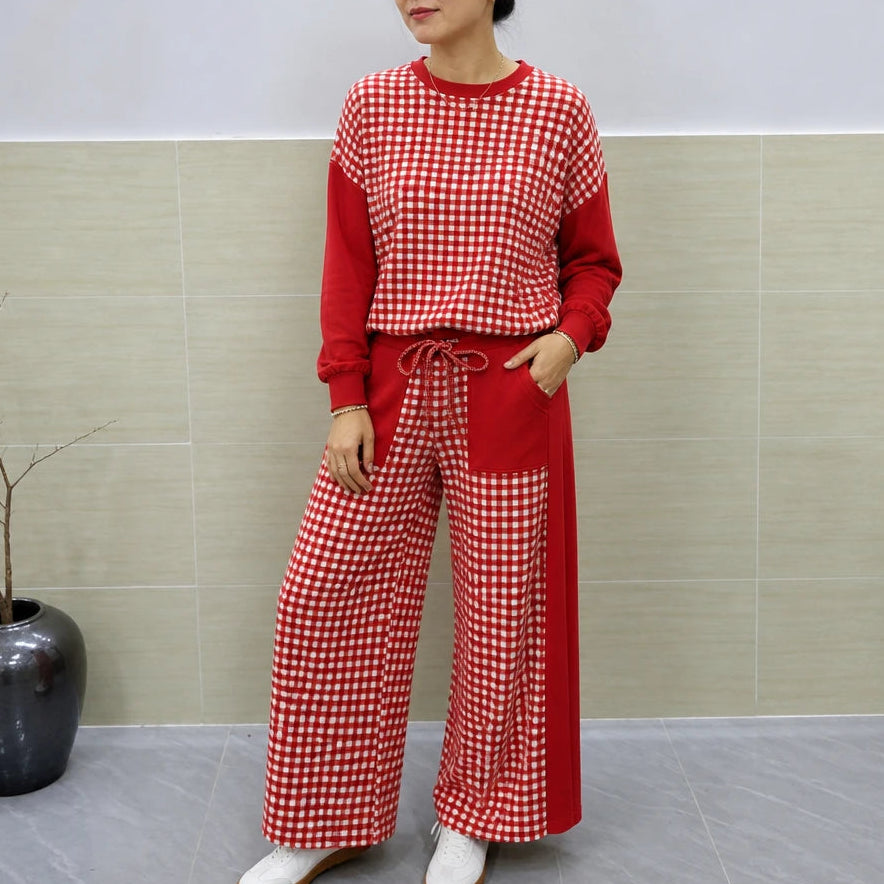 Gingham Ease – Gingham Long-Sleeve Top And Wide-Leg Pants Set