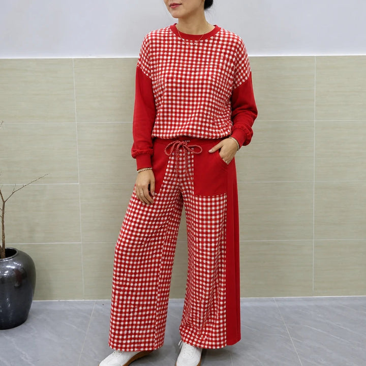 Gingham Ease – Gingham Long-Sleeve Top And Wide-Leg Pants Set