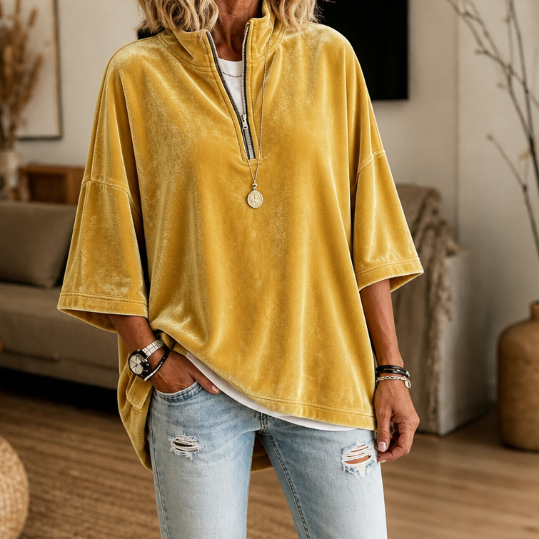 Wearbella – Half-Zip Funnel Neck Velour Pullover