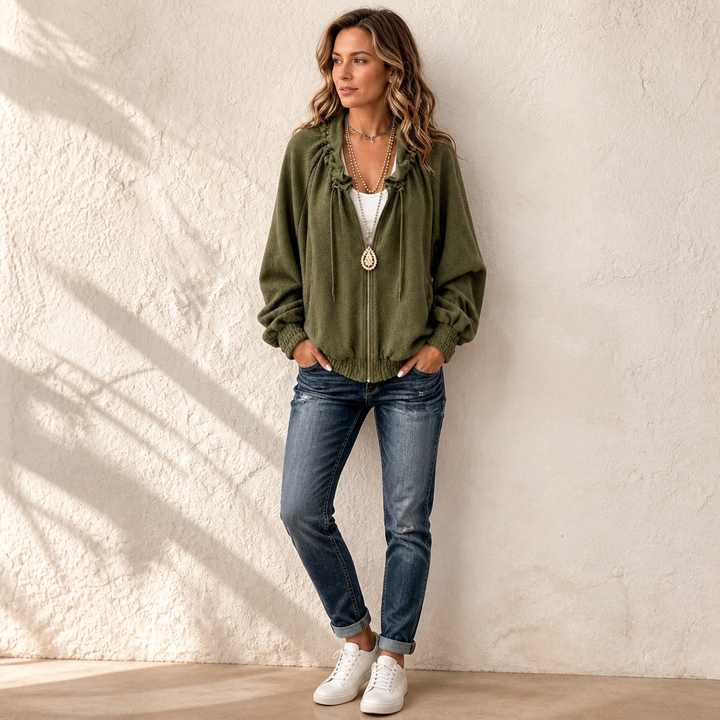 Wearbella – Textured Batwing Drawstring Collar Zip Jacket