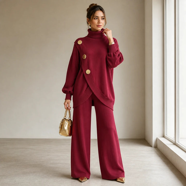 Mackenzie – Gold-Button Asymmetric Knit Two-Piece Set