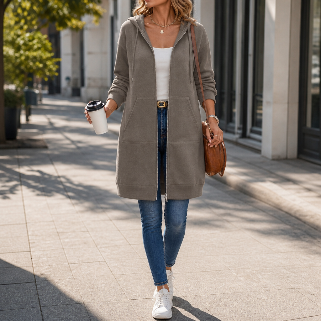 Coziluxe – Zip-Front Hooded Mid-Length Knit Cardigan
