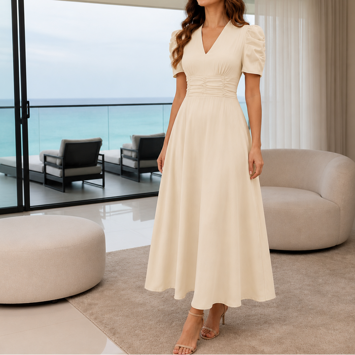 Wearbella – Ruched Waist Puff Sleeve V-Neck Midi Dress