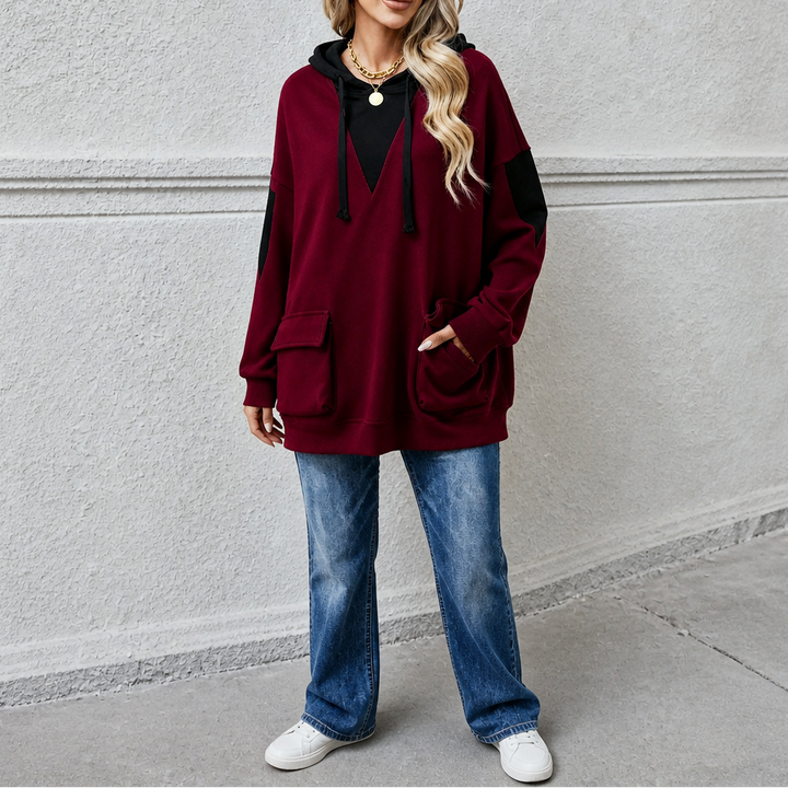Vela – V-Neck Color-Block Oversized Hoodie